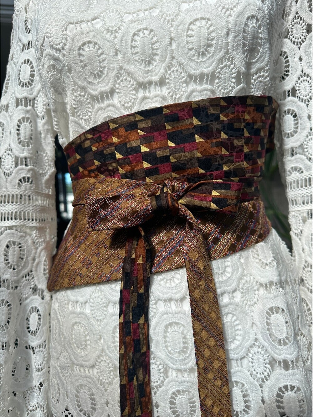 Upcycled Gold Tone Vintage Silk Corset Style Obi Tie Waist Belt | OOAK | OS